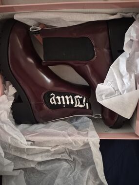 Juicy Couture Burgundy Chelsea Lug Boot with Script Elastic Panel